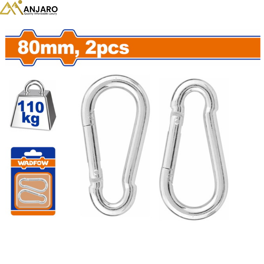 Wadfow Carabiner – 2 Pcs, 80mm, Carbon Steel, 110kg Working Load Limit, Blister Packed WQL2K04