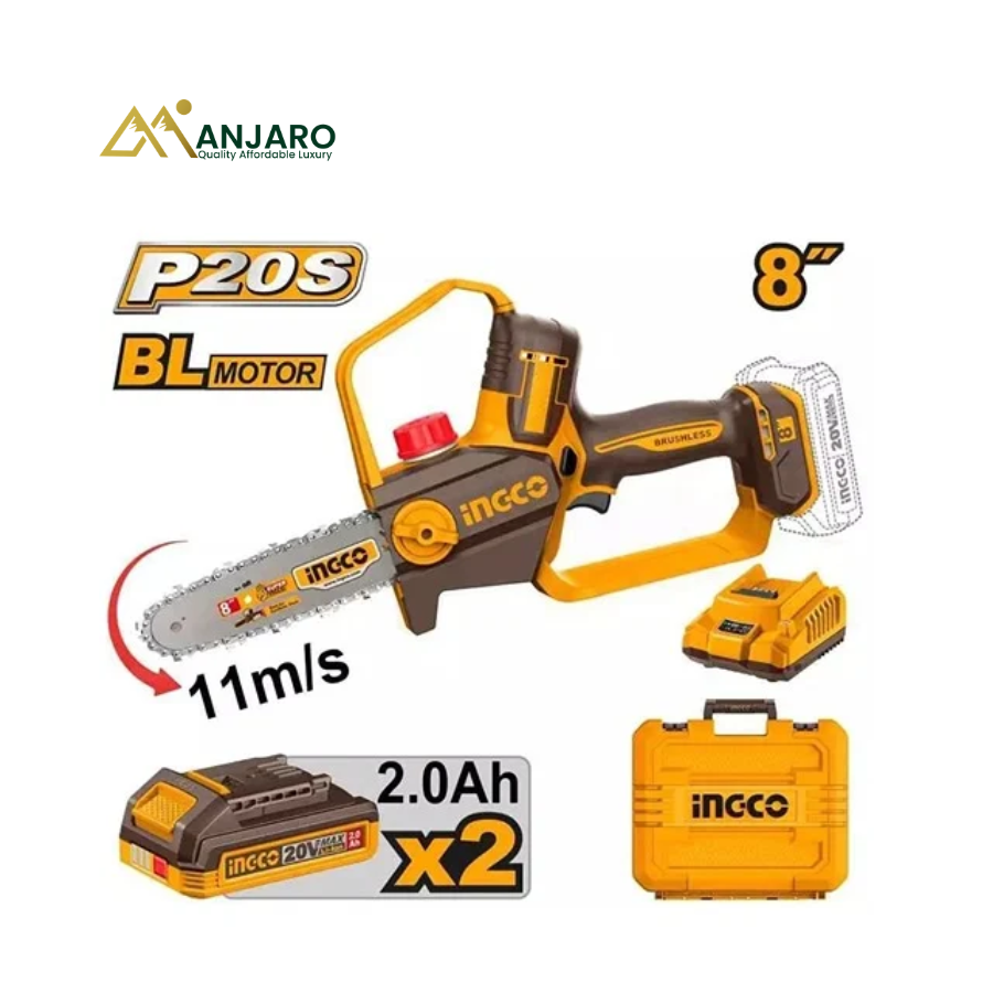 Ingco Cordless Pruner Saw – 8" Brushless Mini Chainsaw with Dual 2.0Ah Batteries – 20V CGSLI20882