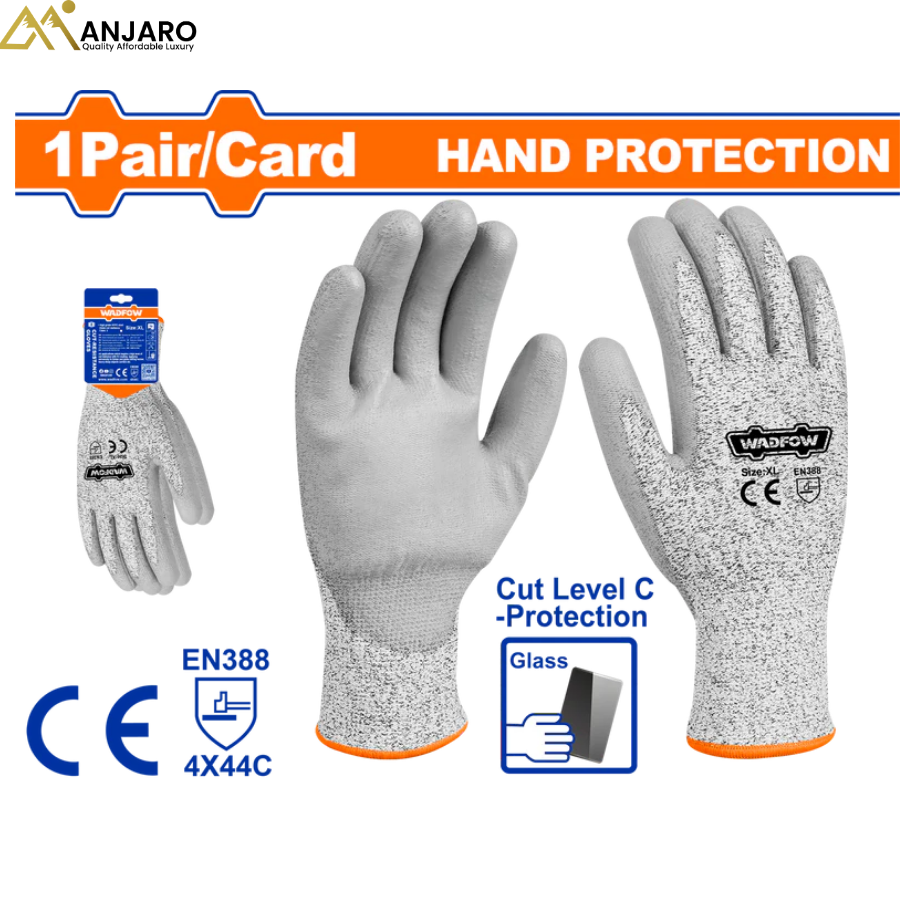 Wadfow Cut-Resistance Gloves – XL, HPPE Shell, PU Coated, Level C, 1 Pair WPG1805