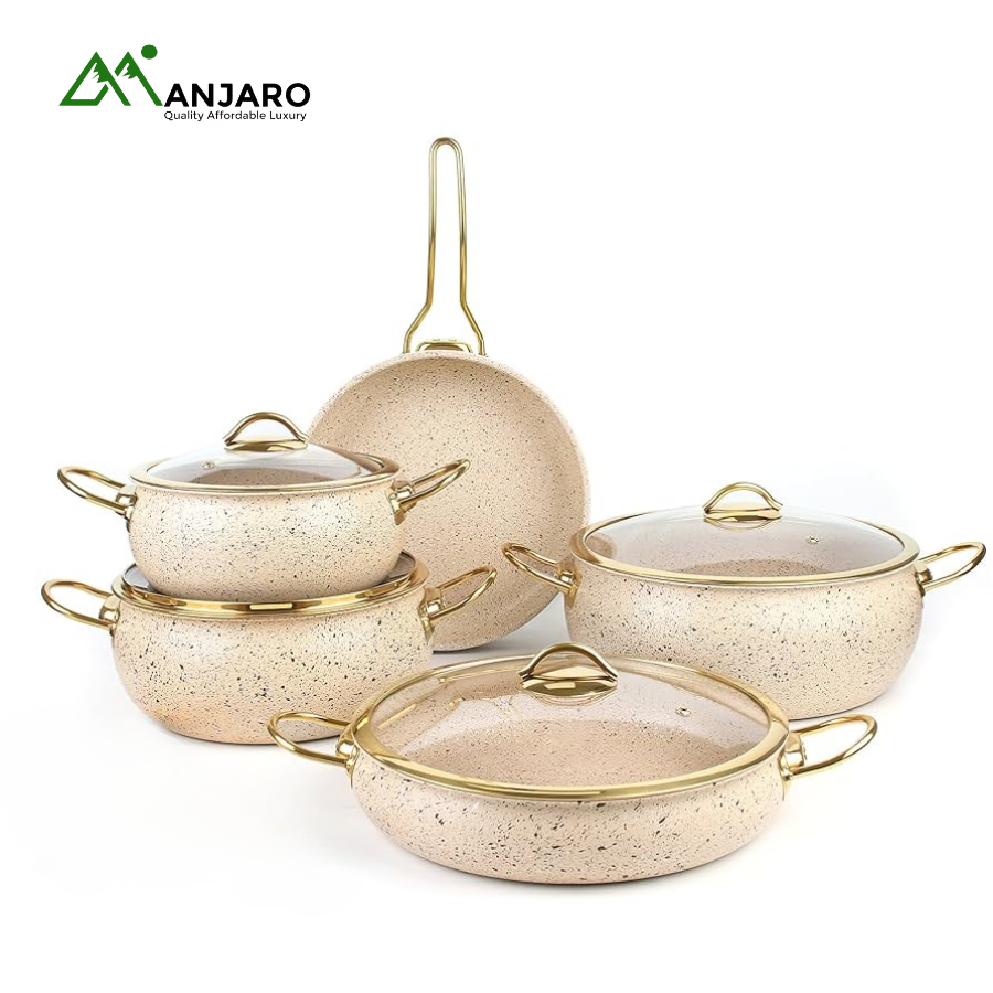 5-Piece Luxury Nonstick Marble-Coated Cookware Set | Gold-Toned Handles & Glass Lids | Cream/Beige Speckle Finish