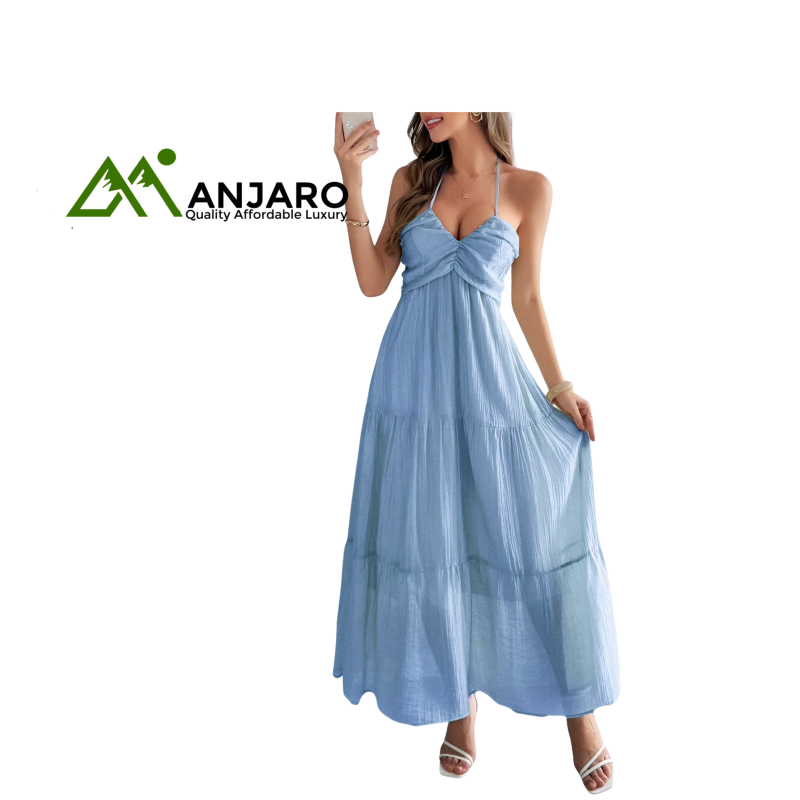 D&M Sleeveless Halterneck Midi Dress – Backless Summer Elegance (Breathable, Wrinkle-Resistant & Semi-Transparent)