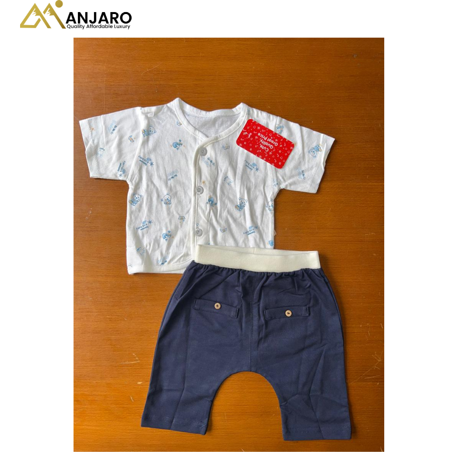 Baby Boys Short-Sleeve Button Top & Pants Set – Navy Blue & White (2-Piece Outfit)