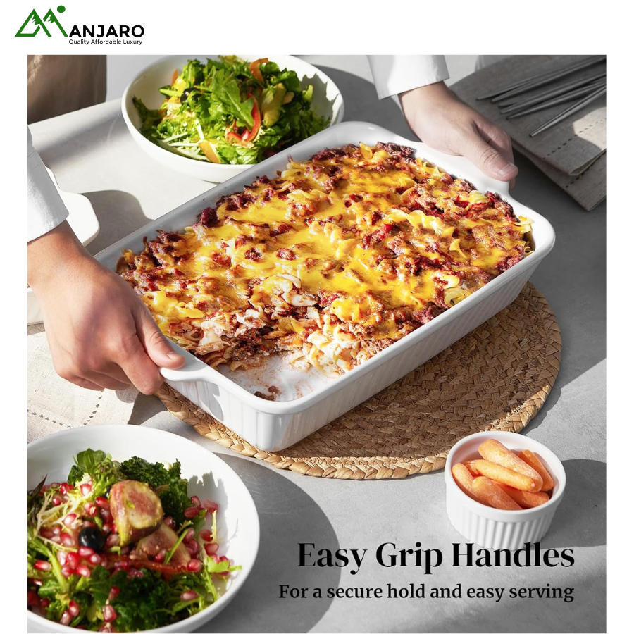 HAIHONG Set of 3 Ceramic Baking Dishes | Rectangular White Porcelain Roasting Pan with Metal Handles