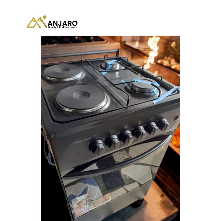 Volcano 50x50 (2x2) Gas Cooker – 2 Gas Burners & 2 Electric Plates, Gray & Black Multi-Function Cooker