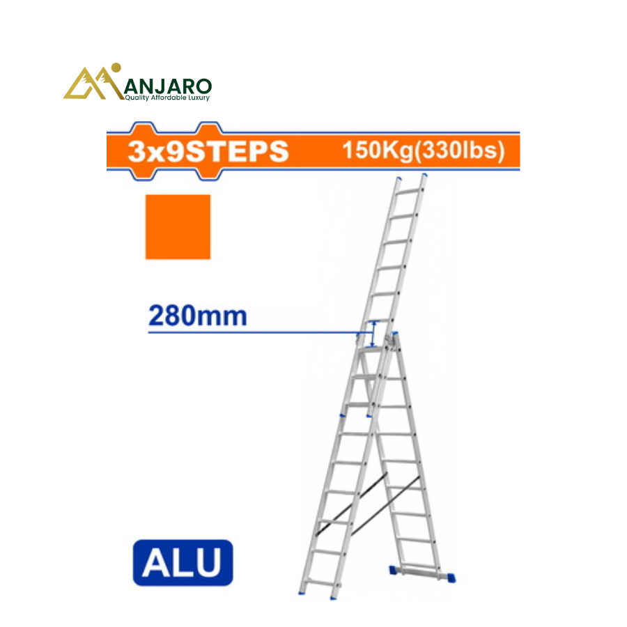WADFOW 3-Section Aluminium Extension Ladder – 3×9 Steps – 5.92m Reach – 150kg Capacity WLD6H39
