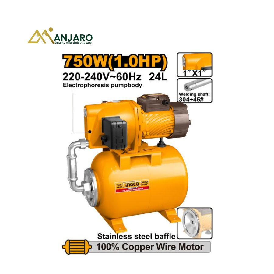 Ingco Automatic Self-Priming Jet Water Pump 750W 24L Pressure Tank JPT075068