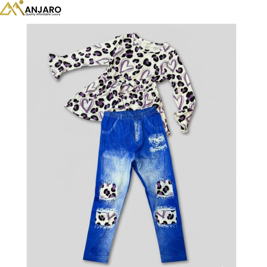 Girls Purple Heart & Leopard Print Peplum Top with Blue Denim-Style Leggings Set – 2 Piece Outfit (Size 3–4 & 4–5 Years)