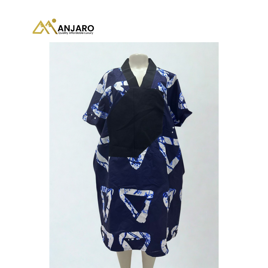 Women’s African Print Boubou Dress – Free Size | Navy Blue Ankara Design, Breathable Loose Fit