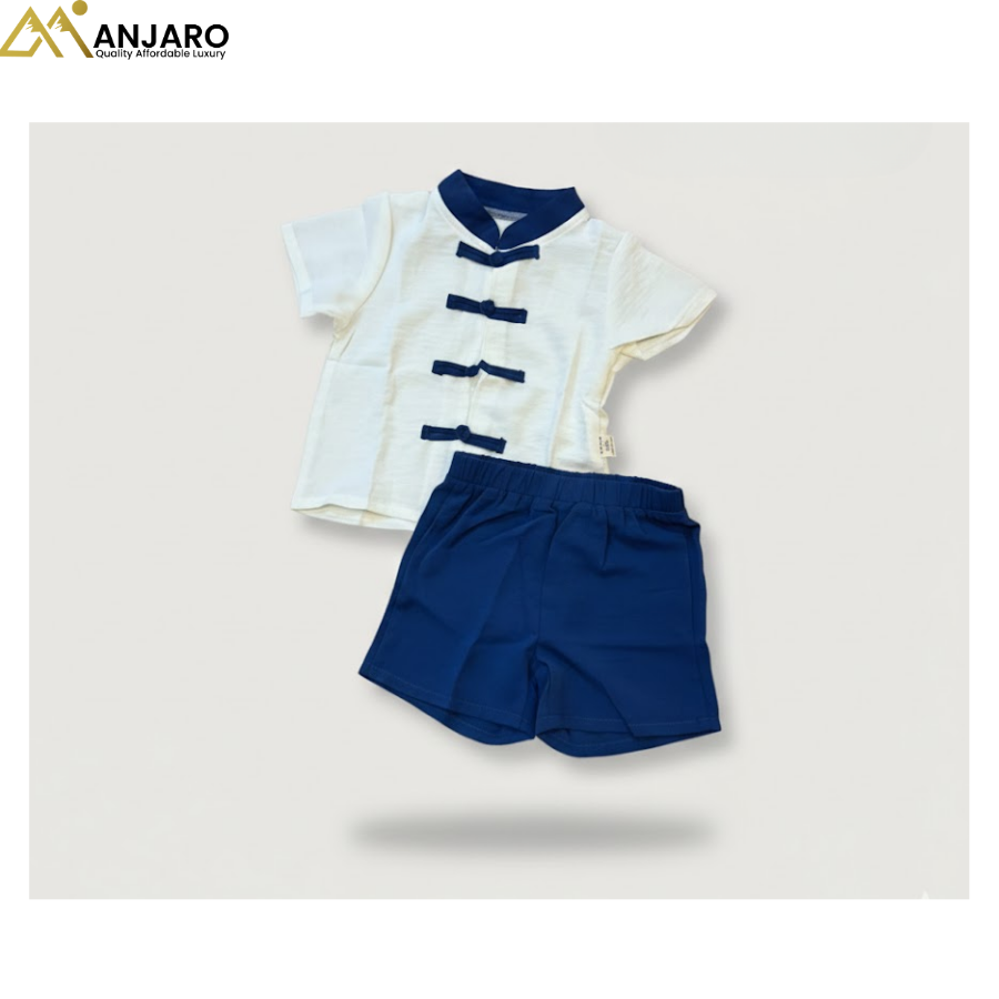 Baby Boy Mandarin Collar Shirt & Shorts Set – 2 Piece Outfit (6–12 Months)