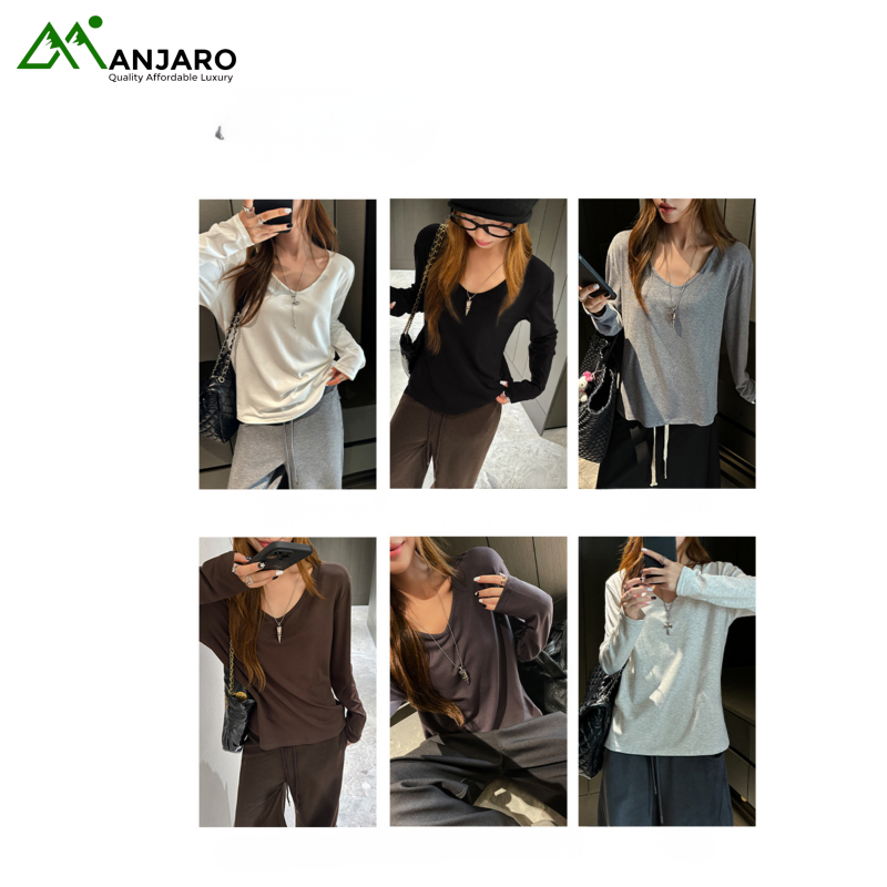 Lazy Style Gray V-Neck Long-Sleeved T-Shirt for Women (Shipping fee Included)