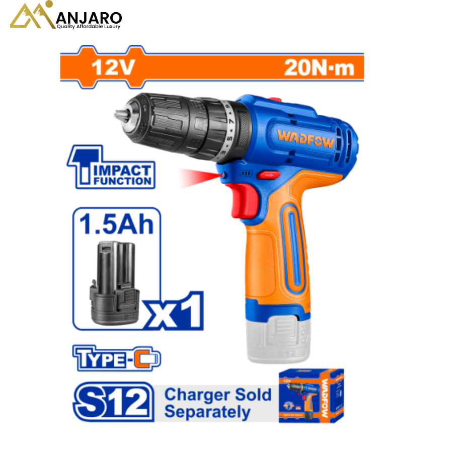 Wadfow Cordless Impact Drill – 12V Dual-Speed with LED Work Light & USB-C Rechargeable Battery WCDS5681