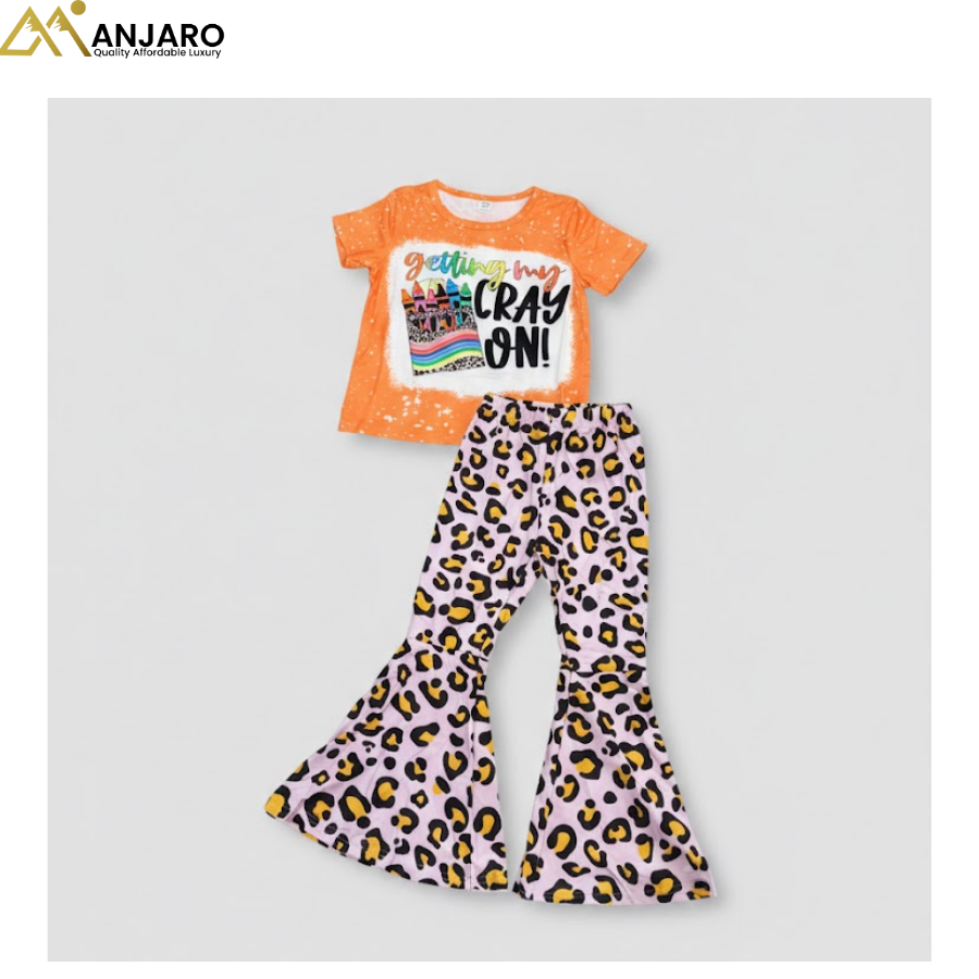 Girls “Getting My Cray On” Top & Flare Pants Set – Orange & Leopard Print Outfit (Sizes 3/4/5 Years)