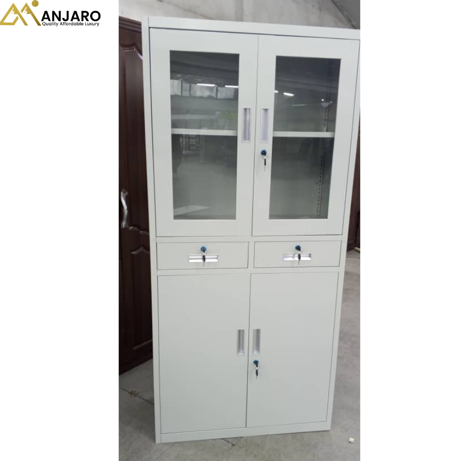Premium 4-Door Metal Office Cabinet with Glass Display and Locking Drawers