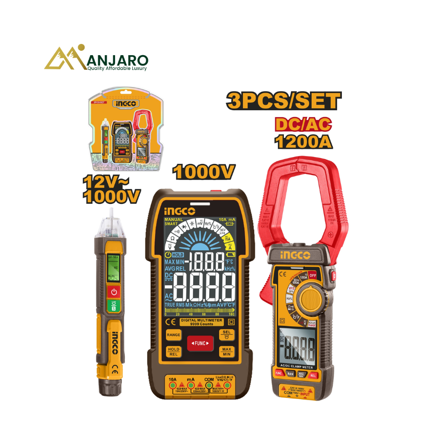 INGCO Electrical Test Kit – 1000V Digital Multimeter, 1200A AC/DC Clamp Meter & Voltage Detector Set COS24069