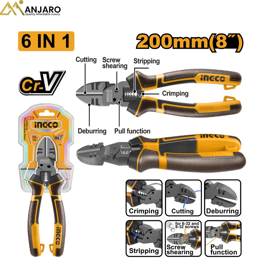 ingco 6-in-1 Multi-Function Diagonal Cutting Pliers – 8″ / 200mm HMFDCP2820