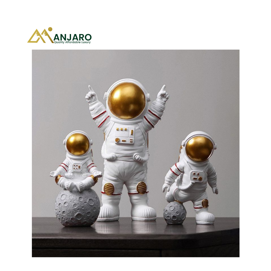Astronaut Spaceman Art Sculpture Figurines – Gold Helmet Edition – 3-Piece Set