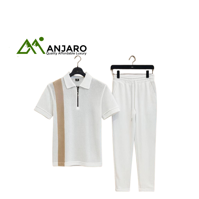 Perfectman Men’s White & Light Brown Matching Set – Polo Shirt & Jogger Pants for Casual Comfort, Breathable Fit
