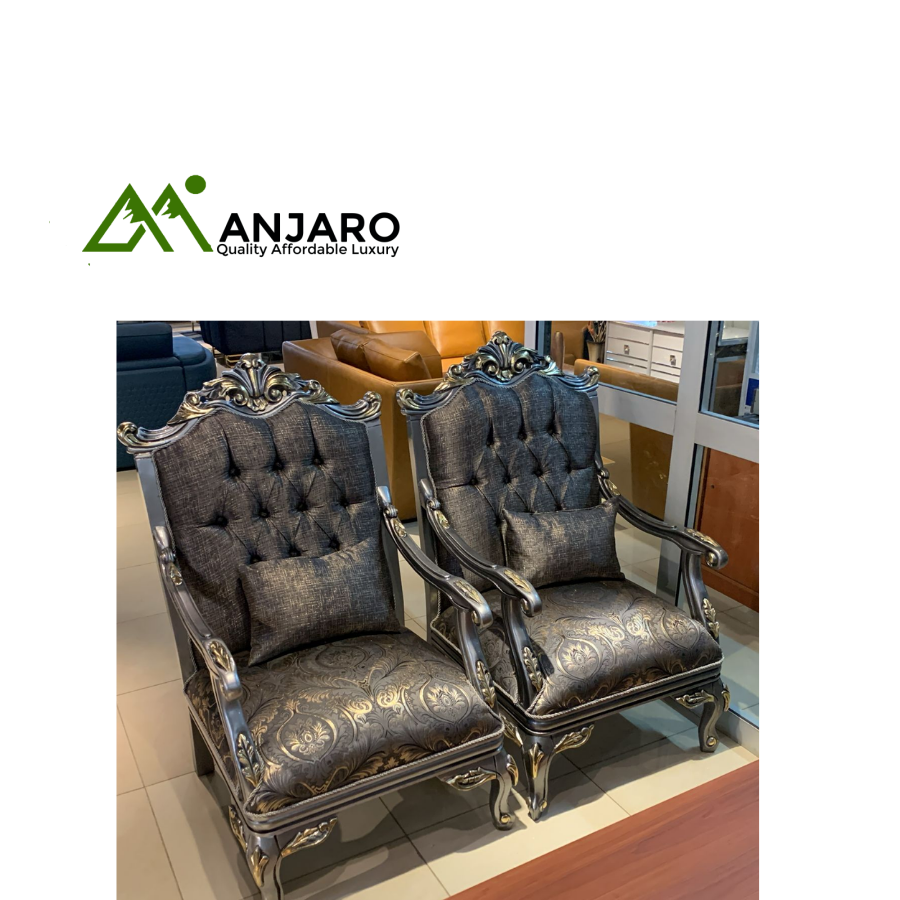 Royal Heritage of High-Back Armchairs - Tufted Patterned Velvet & Carved Silver/Gold Frame