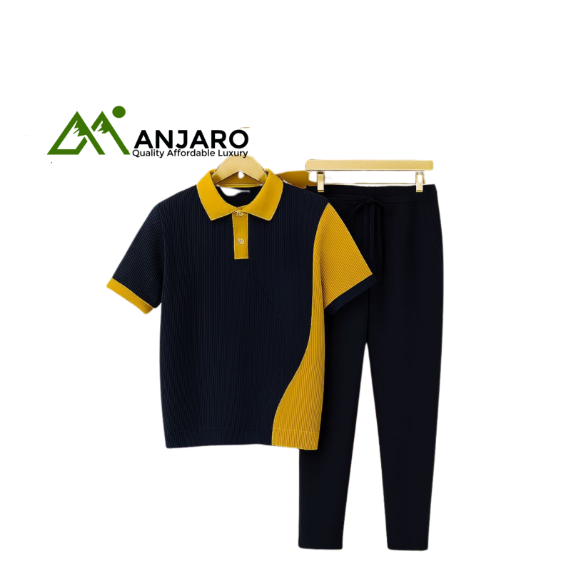 Perfectman Men’s Two-Piece Outfit – Color-Block Polo Shirt & Pants Set, Navy & Mustard Yellow Stylish Fit