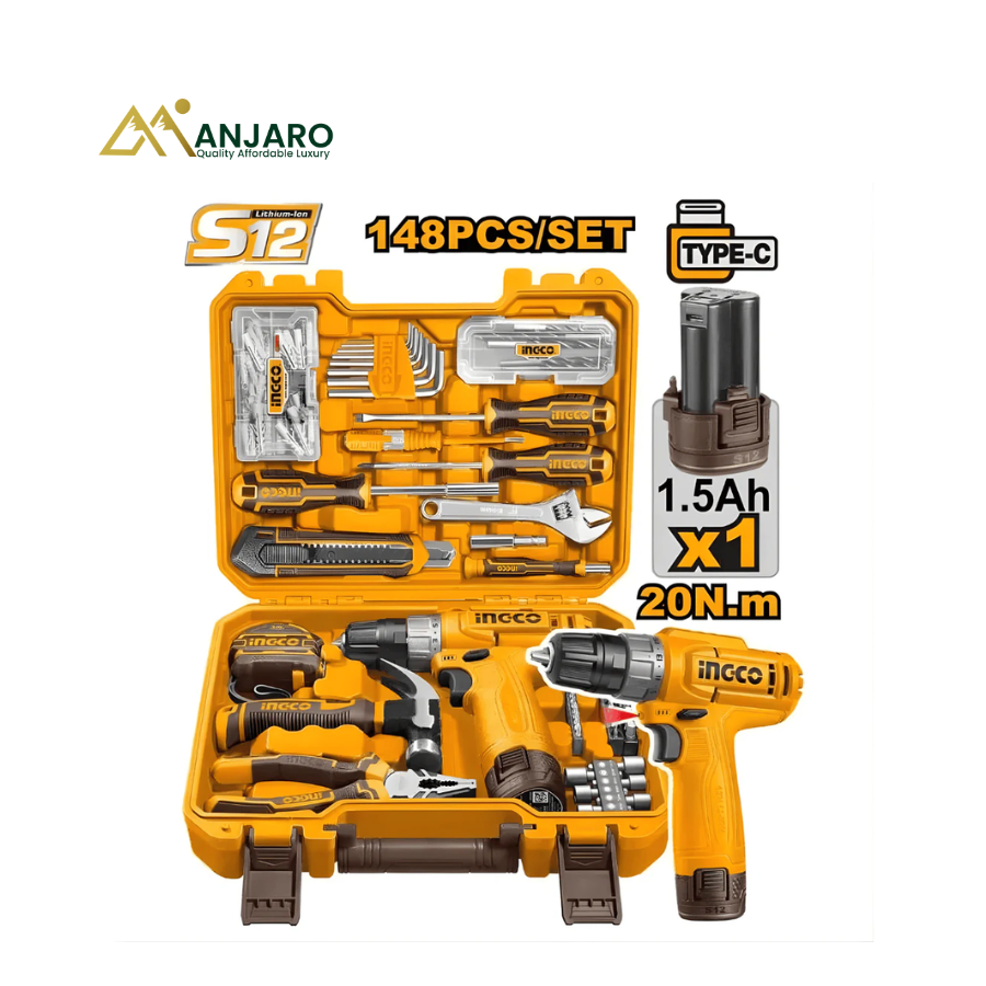 Ingco 148-Piece Tool Set – 12V Cordless Drill Kit with USB-C Charging HKTHP41482