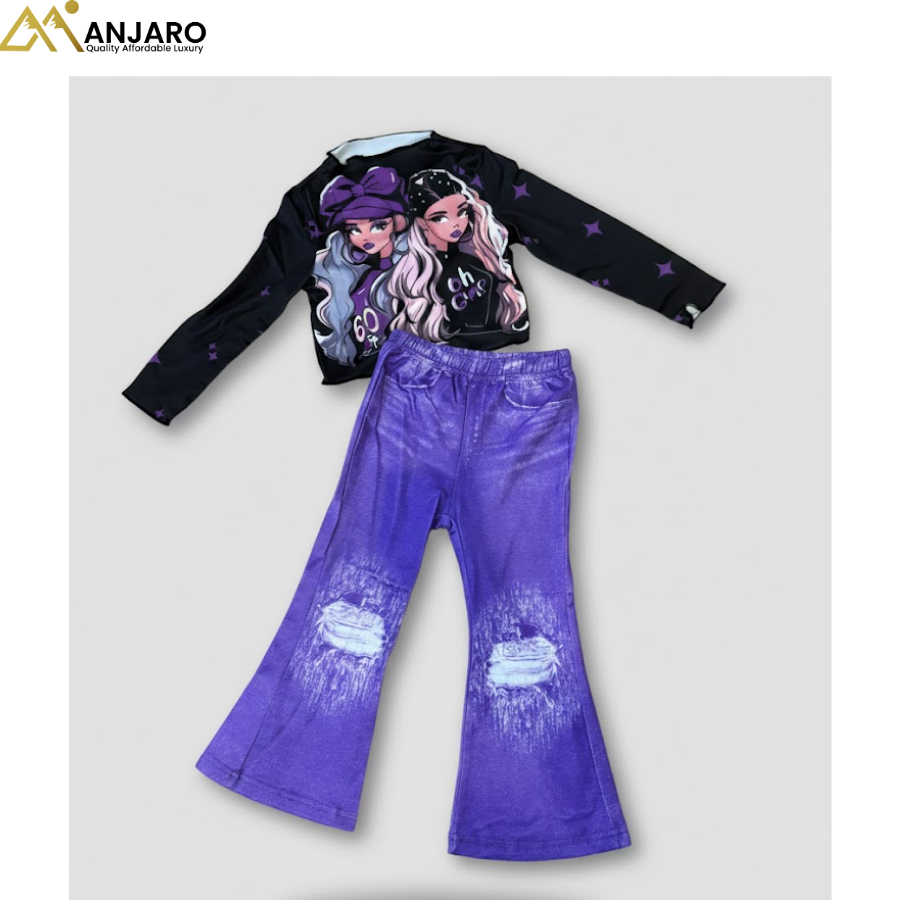 Girls Purple Graphic Long Sleeve Top & Flared Pants Set – 2 Piece Outfit (Size 2–3 Years)