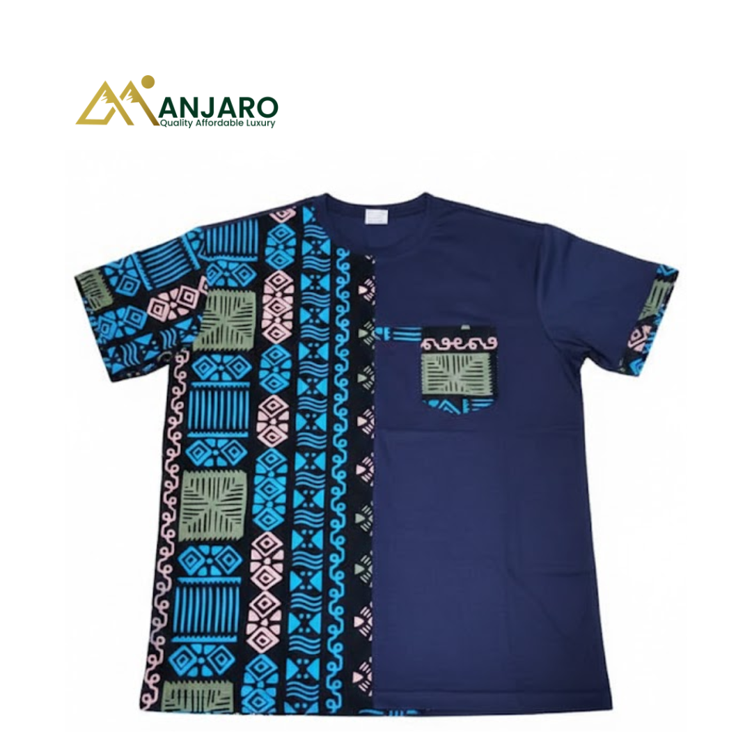 Tribal Patchwork T-Shirt – Navy Blue Short Sleeve (Regular Fit)