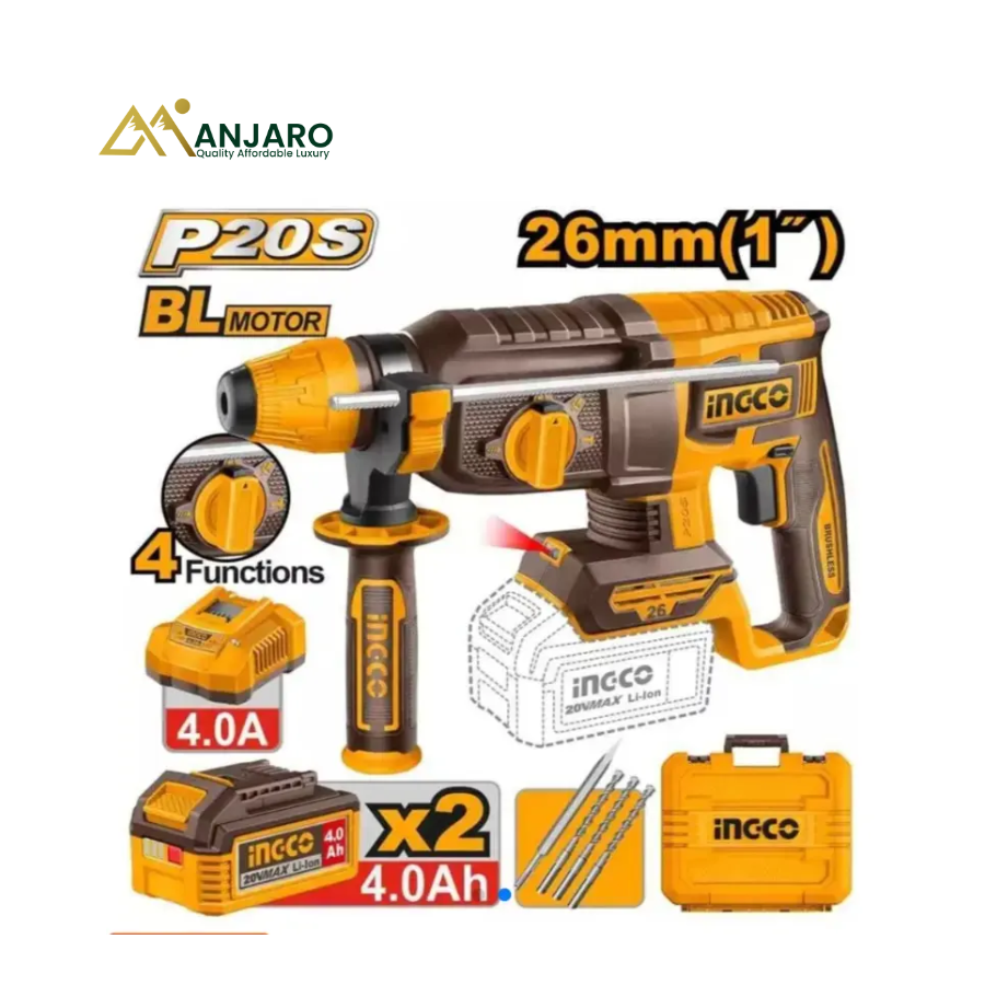 Ingco Cordless Rotary Hammer – Brushless SDS-Plus Hammer Drill with LED Light – 20V CRHLI262085