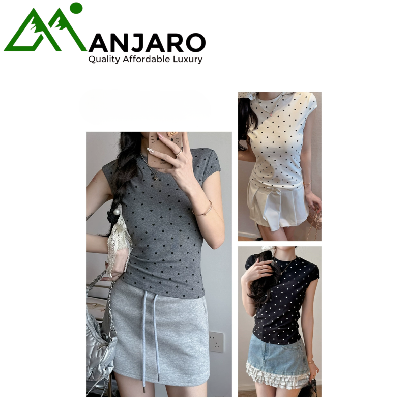 Grey Pure Cotton Polka Dot Short-Sleeved T-Shirt for Women (Shipping Fee Included)