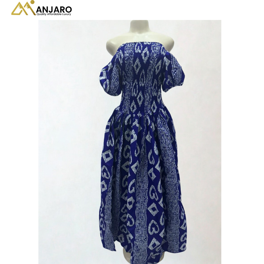 Off-Shoulder Smocked Maxi Dress – Royal Blue & White Heart Motif