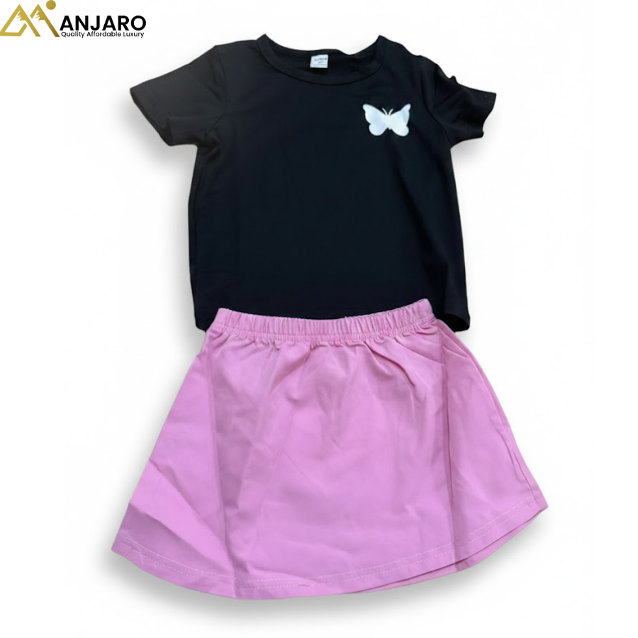 Girls Black Butterfly Top & Pink Skirt Set – 2/3/4 Years