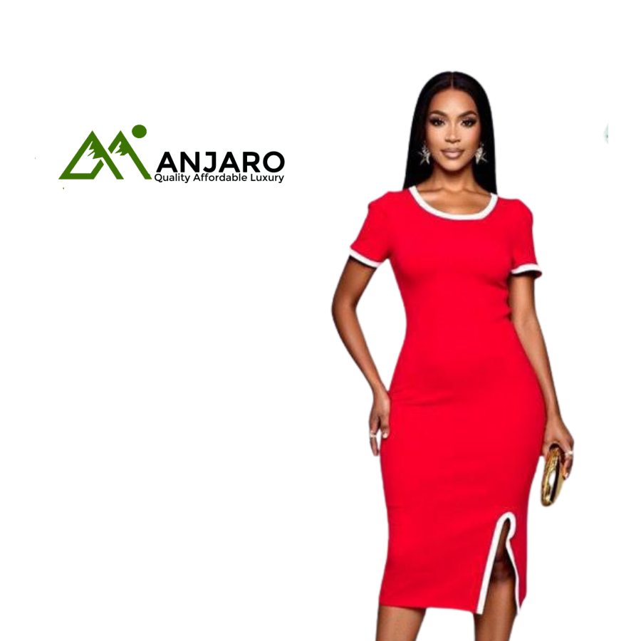 Women’s Short Sleeve Bodycon Midi Dress with Side Slit – Casual & Party Wear