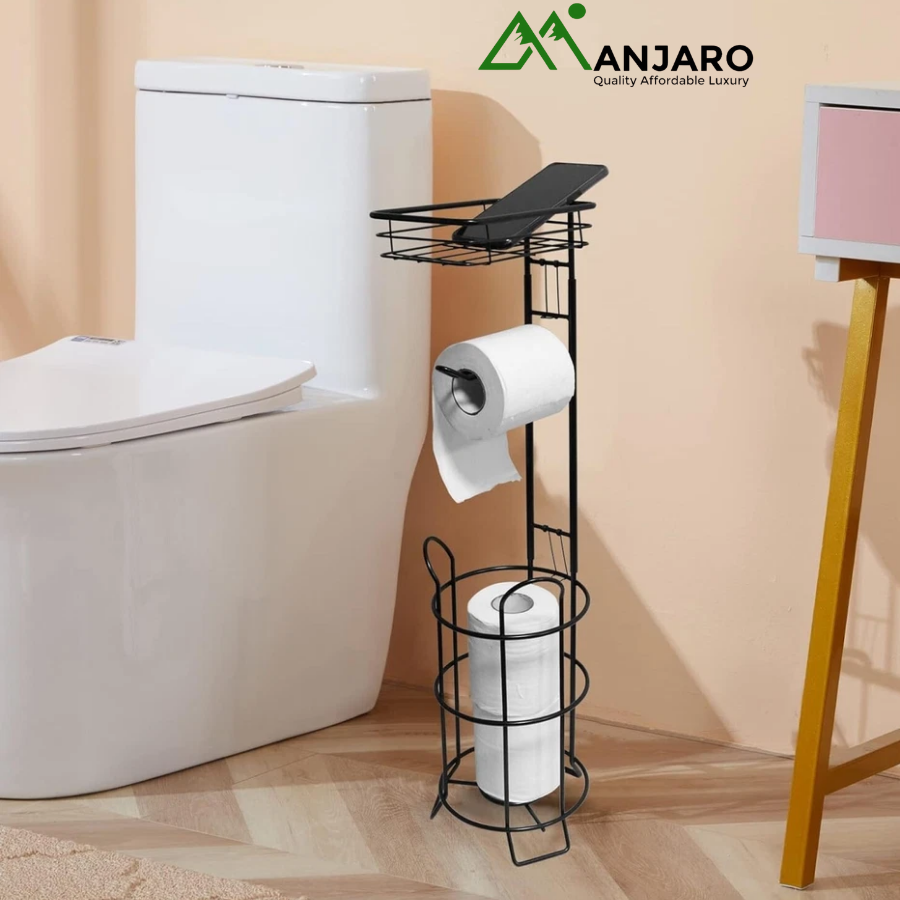 Black Metal Freestanding Toilet Roll Holder | Triple Function Dispenser, Storage, & Basket | Rust-Resistant