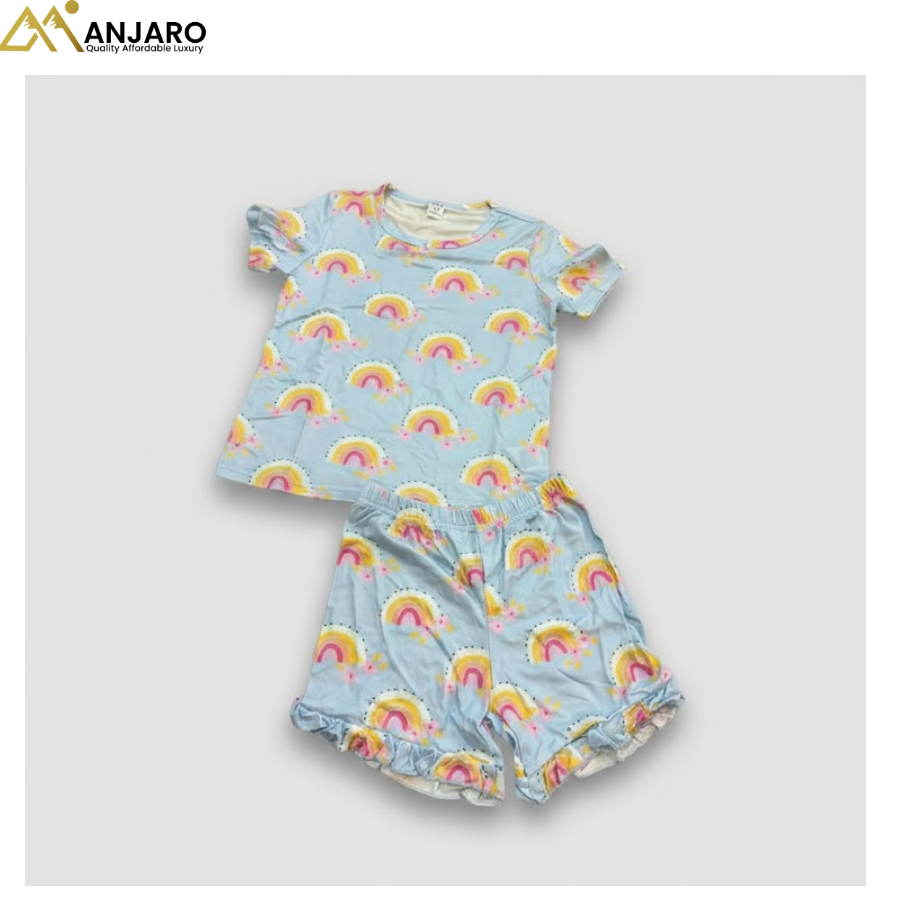 Girls Rainbow Print T-Shirt & Shorts Set – Blue 2 Piece Outfit (Sizes 4/5/6 Years)