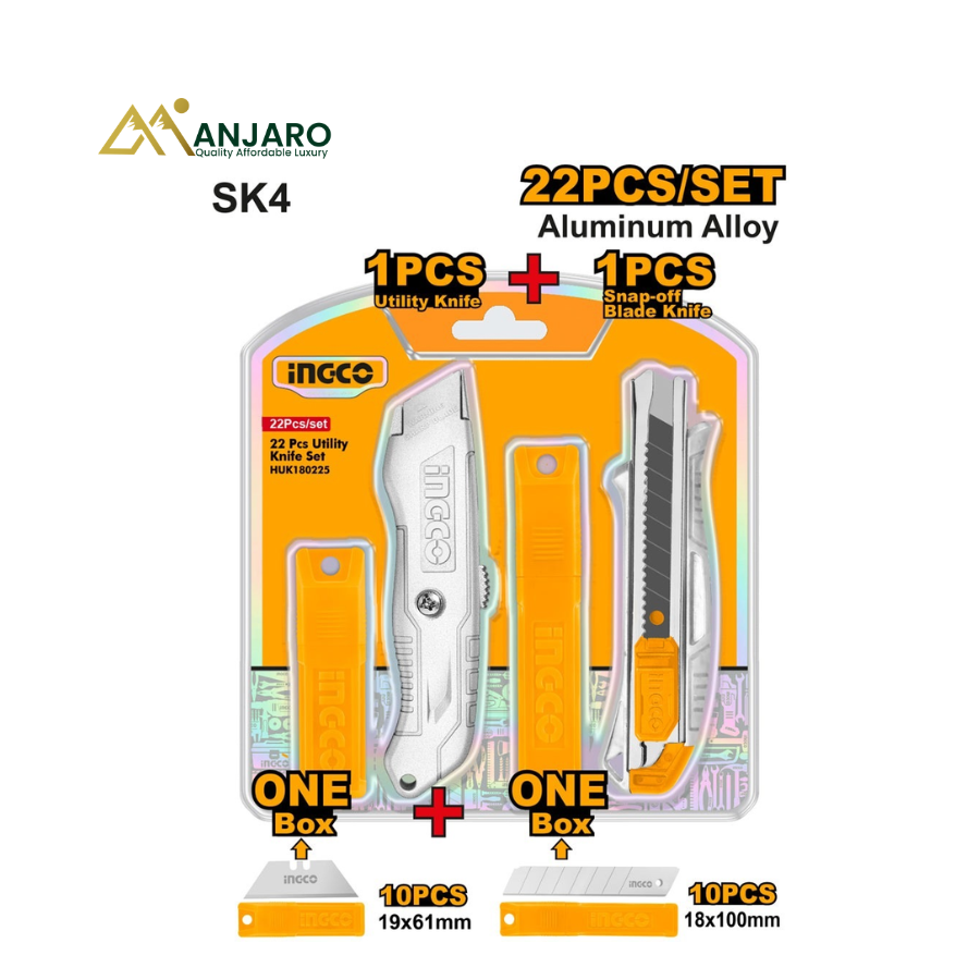 Ingco 22 Pcs Utility Knife Set Aluminum Alloy Cutter with Replacement Blades HUK180225