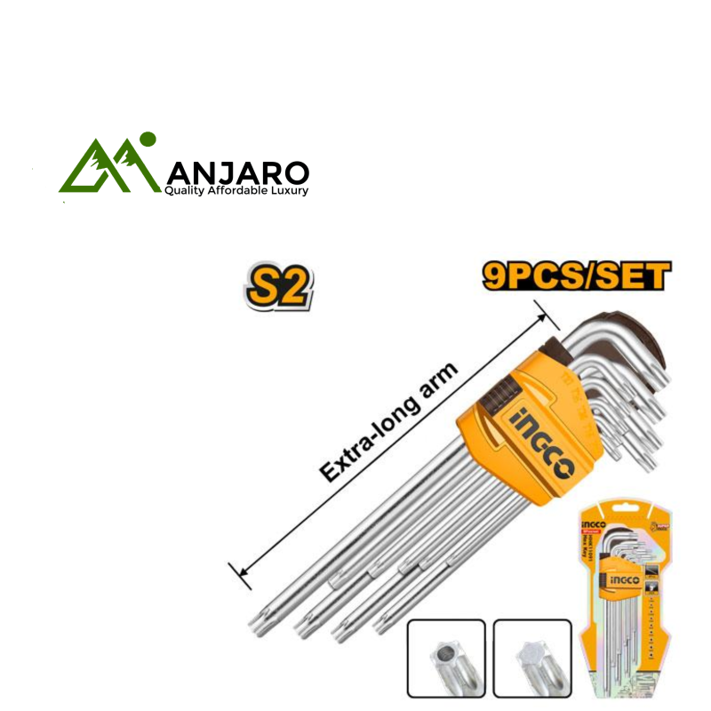 HHK13092 9 Pcs Torx Key Set – Extra-Long S2 Steel Hex Star Wrench Kit with Chrome Finish