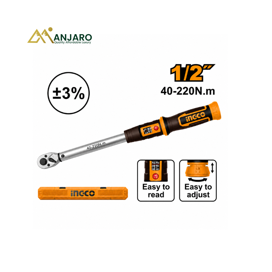 Ingco Preset Torque Wrench – 1/2-Inch Drive – 40–220Nm Adjustable Torque Range HPTW1220N8