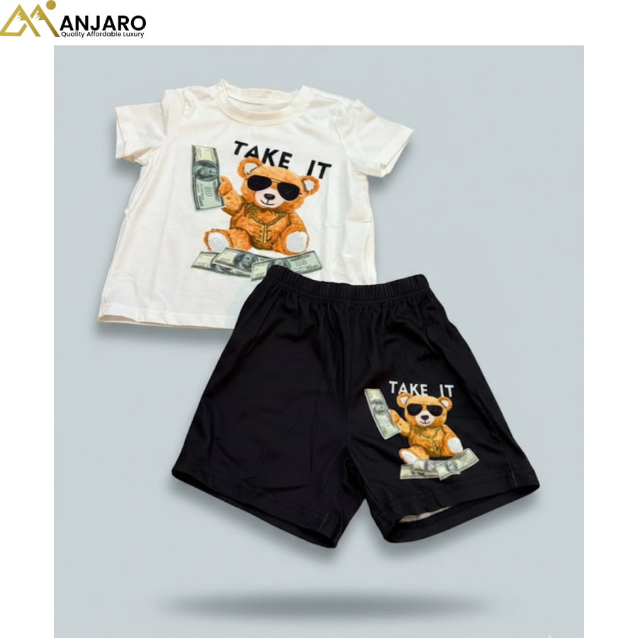 Kids “Take It” Teddy Bear T-Shirt & Black Shorts Set – 2 Piece Outfit (Size 2/3 Years)