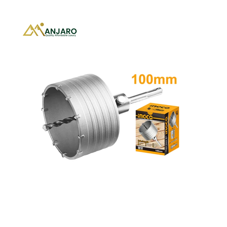 INGCO TCT Hole Core Bit – 100mm (4") SDS Plus Hole Saw with Adaptor & Masonry Drill Bit HCB1001
