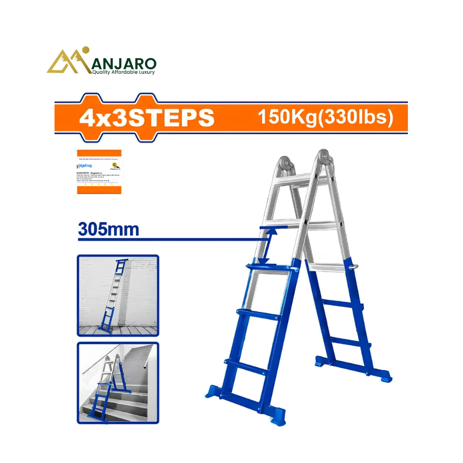 WADFOW  Multi-Purpose Steel & Aluminium Ladder – 4×3 Folding Extension Ladder – 150kg Capacity WLD7H12