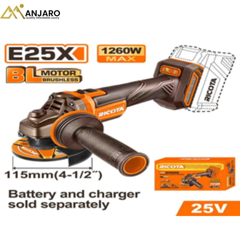 Ricota  Brushless Cordless Angle Grinder – 25V, 115mm RLAG251151