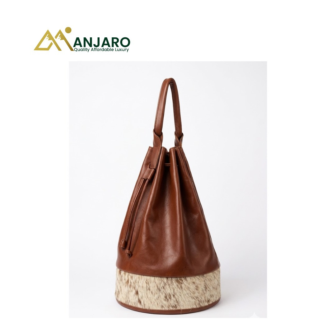 Executive Savanna Leather Bucket Bag – Cognac & Calf-Hair Fusion