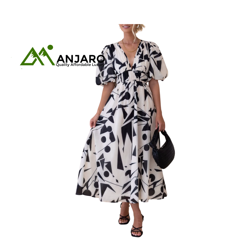 D&M V-Neck Puff Sleeve Slim Long Dress - Elegant & Casual Summer Midi Dress for Women