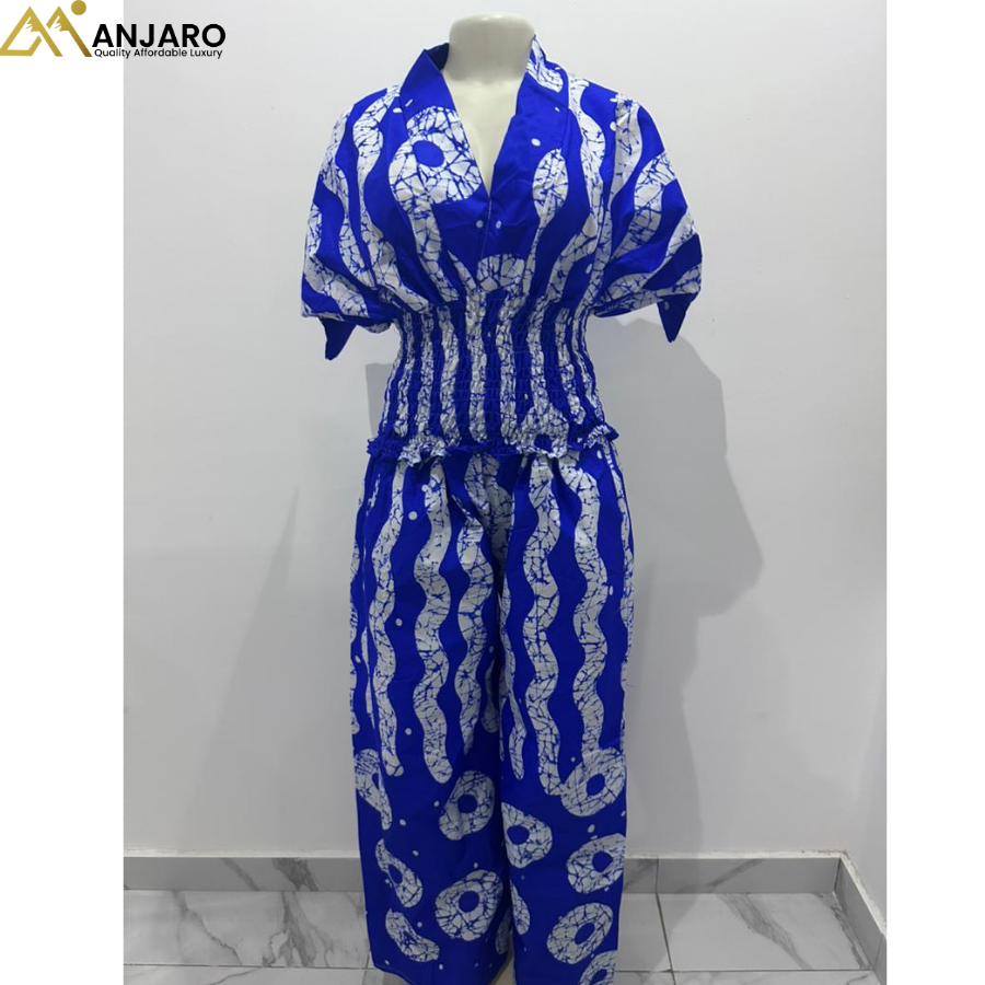 V-Neck Jumpsuit – Royal Blue & White Spiral Print