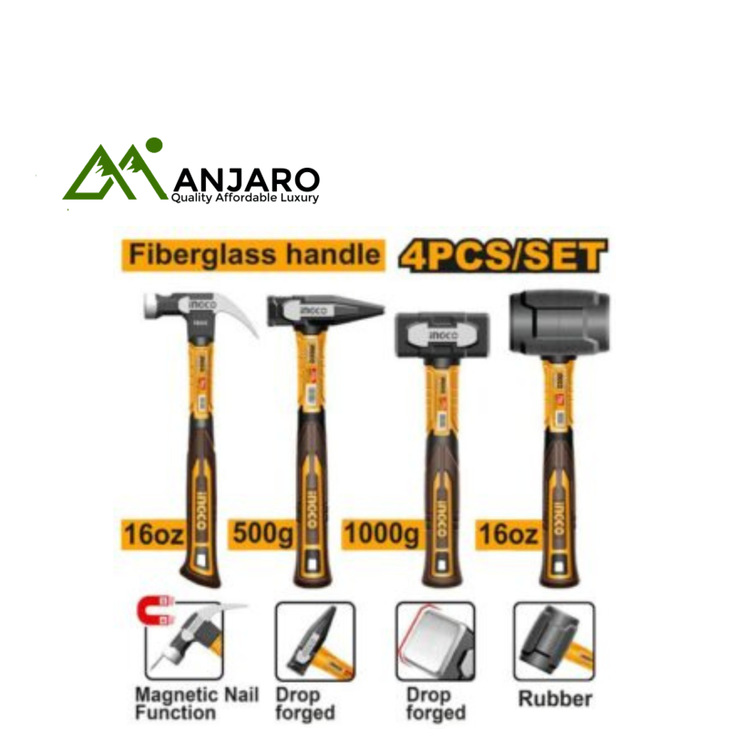 Ingco Hammer Set – 4Pcs Heavy-Duty Drop-Forged with Fiberglass Handles HCH9004