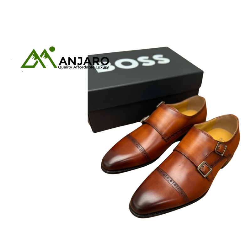 John Mendson Double Monk Straps - Daytona Line - Burnished Tan Leather Dress Shoes - US 9 / EU 42