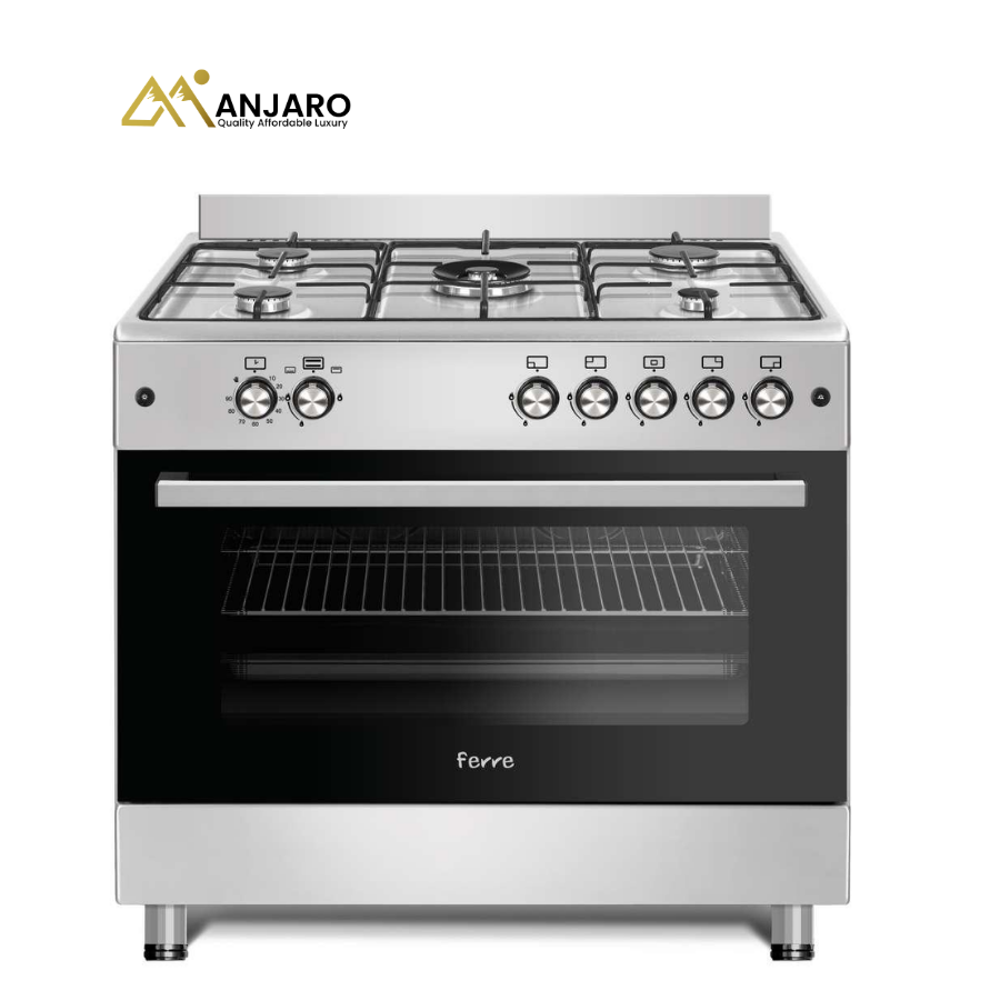 Volcano Ferre 60x90 (5 Burners) Gas Cooker – Extra-Large Cooking Range, Shine Black, Inox Black, Red & Gray