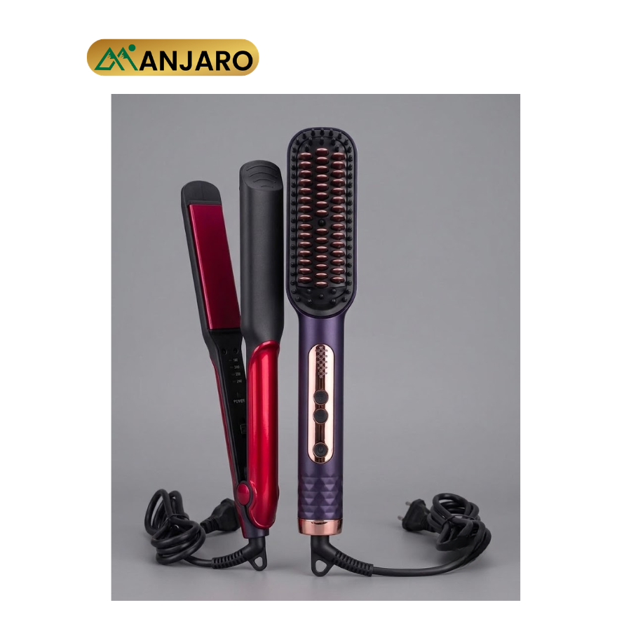 Electric Hair Brush & Straightener Combo Set – Heated Styling Brush for Smoothing, Straightening & Frizz Control