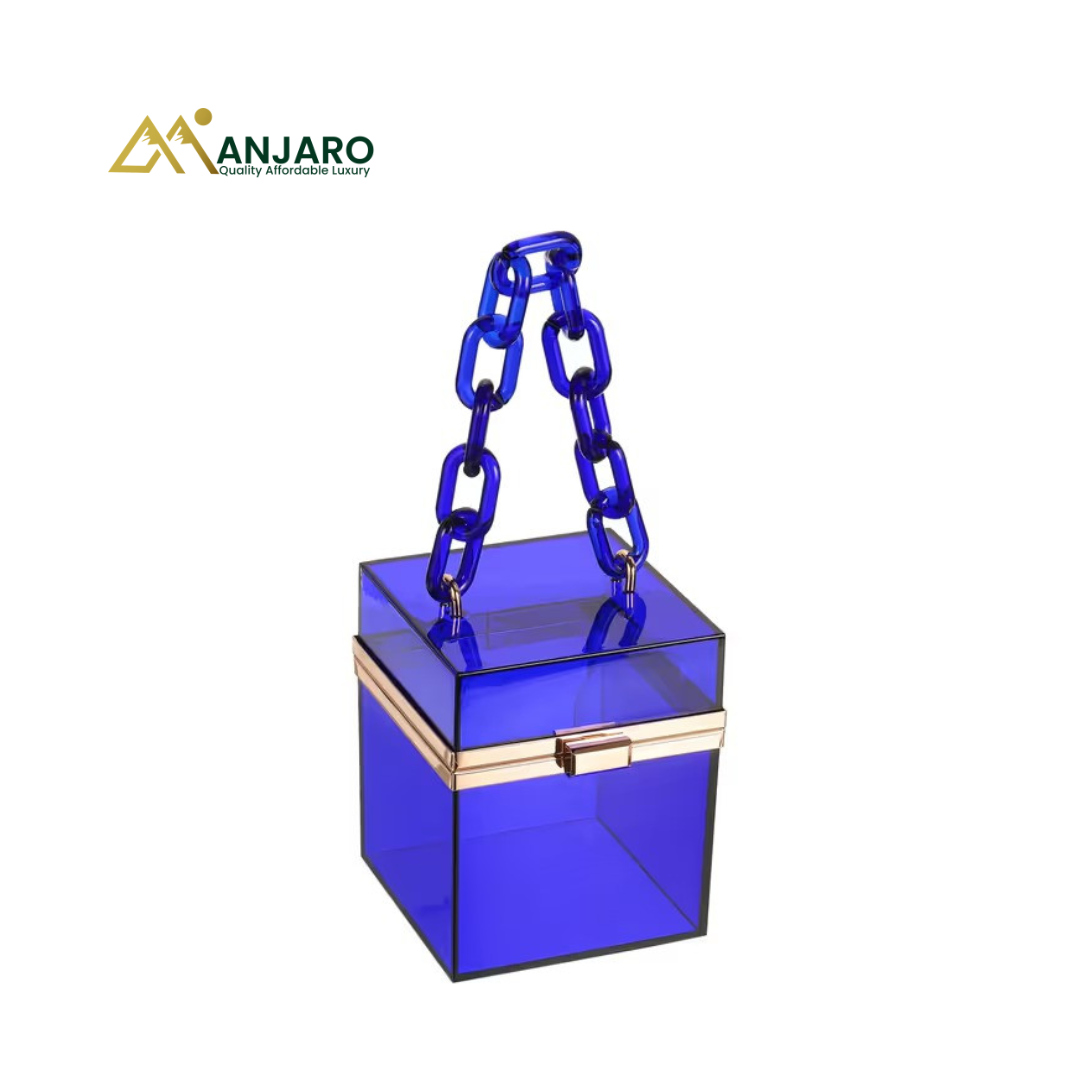Transparent Acrylic Cube Box Clutch with Chain Handle - Blue