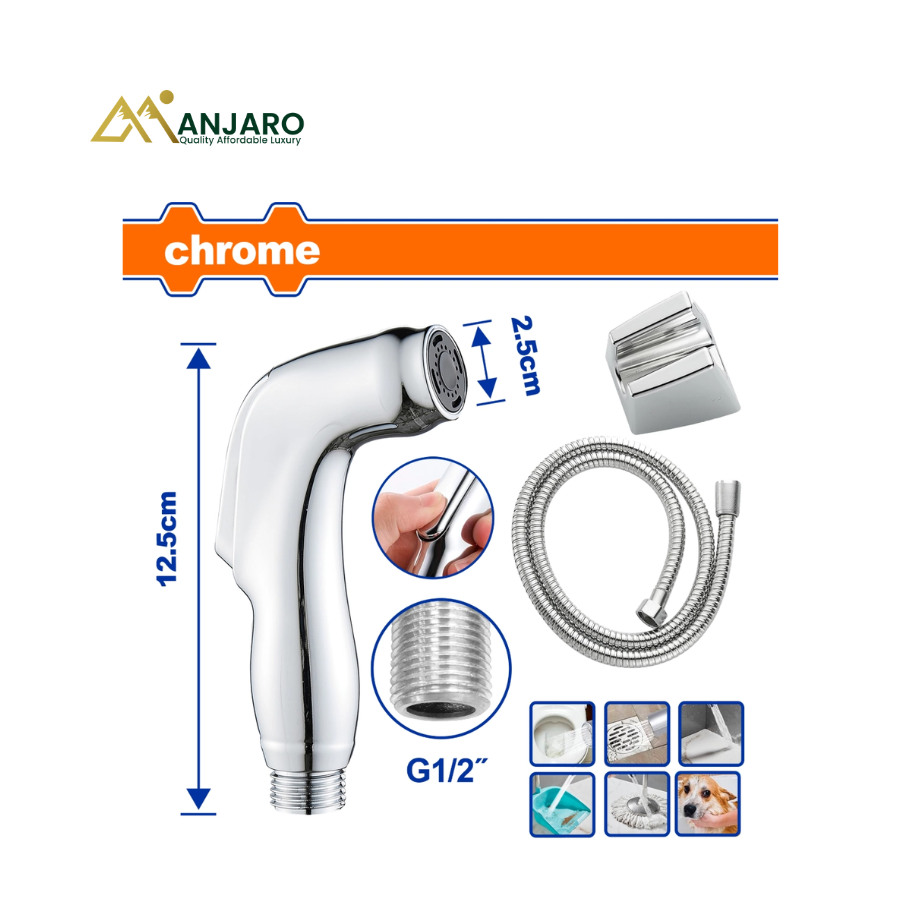 Wadfow Shattaf Sprayer – Chrome Handheld Bidet Spray Set with 1.2m Stainless Steel Hose – G1/2 Connection WSHS2502