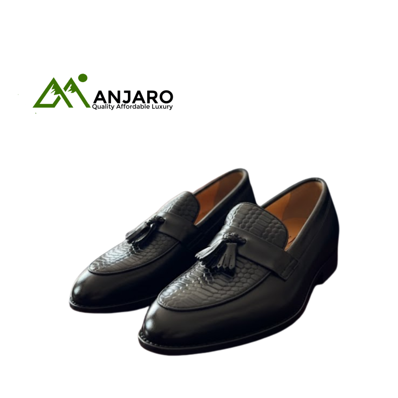 John Foster Black Textured Tassel Loafers - Exotic Embossed Finish | Unique Statement Footwear | Modern & Refined Style
